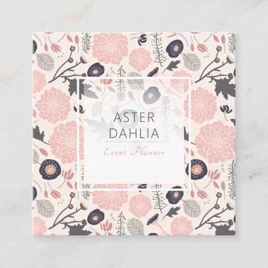 植物性フローラピンクグレー黒花 スクエア名刺 (正面)