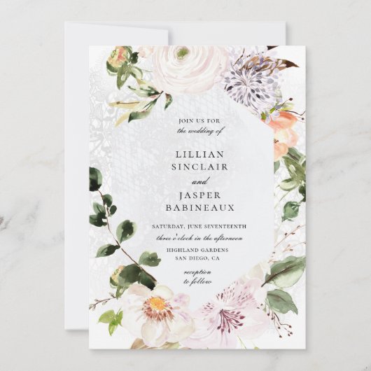植物性フローラ幾何学的レースフレ結婚ーム 招待状 (正面)