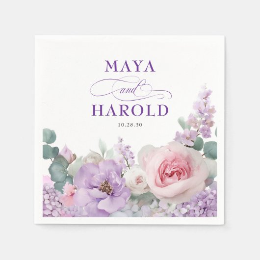 植物性フローラ紫とピンク結婚ズ スタンダードカクテルナプキン (正面)
