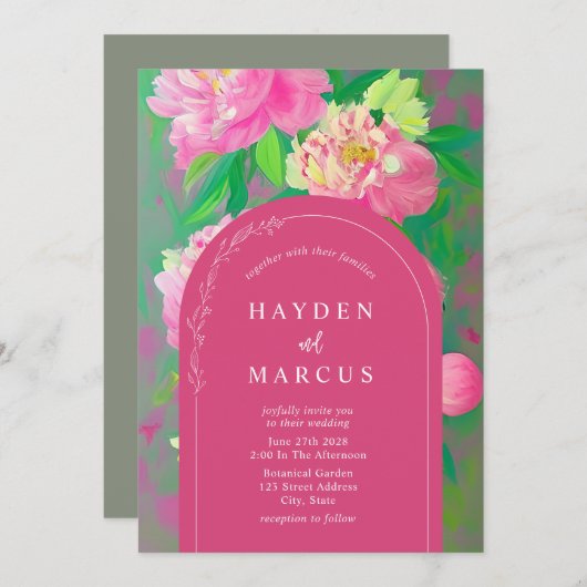 植物性フローラ絵を描のピンクアー結婚チ 招待状 (正面/裏面)