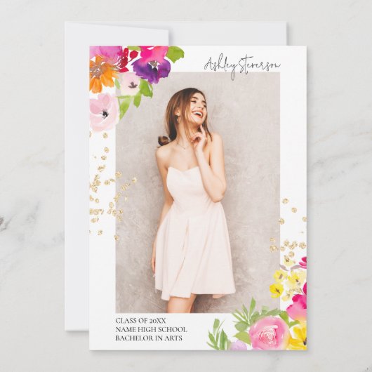 植物性フローラ金ゴールドグリッター写真卒業 招待状 (裏面)