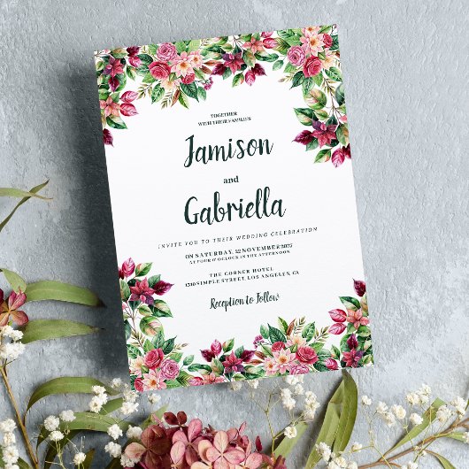 植物性ブルゴーニュピンクグリーンフローラカントリーウェディング 招待状