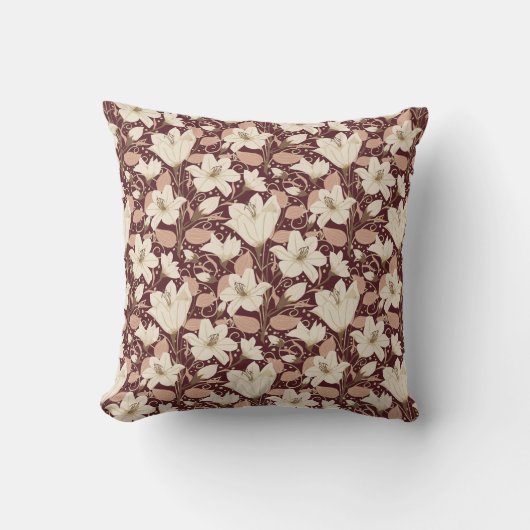 植物性ブルゴーニュ赤ベージュリリー花パターン クッション (正面)