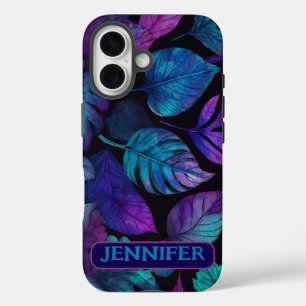 植物性ブルーピンクリーフウォーターカラーアート iPhone 16ケース