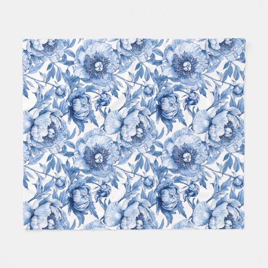 植物性ブルーフローラ繊細な磁器花 フリースブランケット (正面(横))