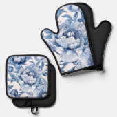 植物性ブルーフローラ繊細な磁器花 鍋つかみ&鍋敷きセット (正面/裏面)