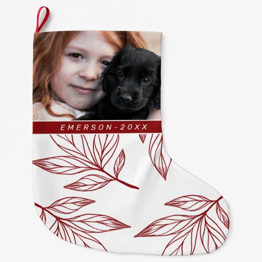 植物性プリントと写真と名前レッドホリデイ ラージクリスマスストッキング (正面)