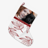 植物性プリントと写真と名前レッドホリデイ ラージクリスマスストッキング (正面 (吊り時))