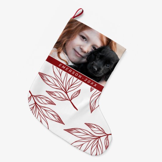 植物性プリントと写真と名前レッドホリデイ ラージクリスマスストッキング (正面 (吊り時))