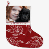 植物性プリントと写真と名前レッドホリデイ ラージクリスマスストッキング (正面)