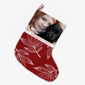 植物性プリントと写真と名前レッドホリデイ ラージクリスマスストッキング (正面 (吊り時))