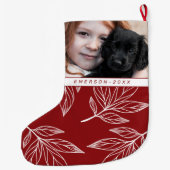 植物性プリントと写真と名前レッドホリデイ ラージクリスマスストッキング (裏面)