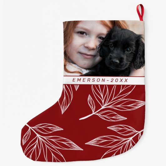 植物性プリントと写真と名前レッドホリデイ ラージクリスマスストッキング (裏面)