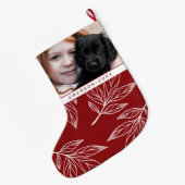 植物性プリントと写真と名前レッドホリデイ ラージクリスマスストッキング (裏面 (吊り時))