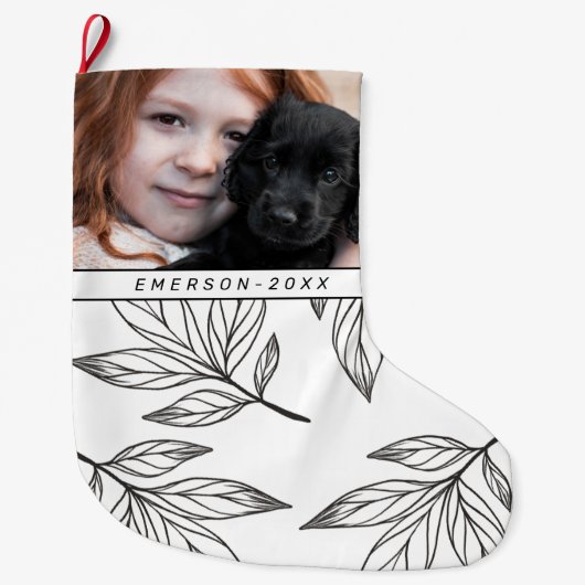 植物性プリント（写真付き、名前はブラック） ラージクリスマスストッキング (正面)