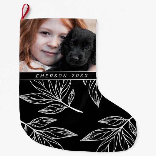 植物性プリント(写真付き、名前はブラック) ラージクリスマスストッキング (正面)