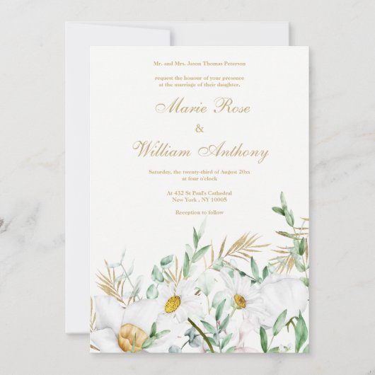 植物性ホワイト金ゴールドミントデイジーフローラ結婚ズ 招待状 (正面)