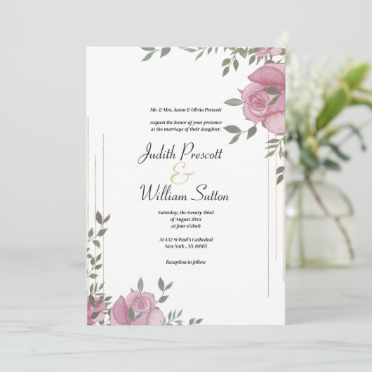 植物性ミントピンクホワイトロマンチックなフローラ結婚ズ 招待状 (スタンド正面)