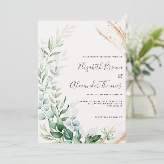 植物性ミント金ゴールド緑葉結婚フローラ 招待状 (スタンド正面)