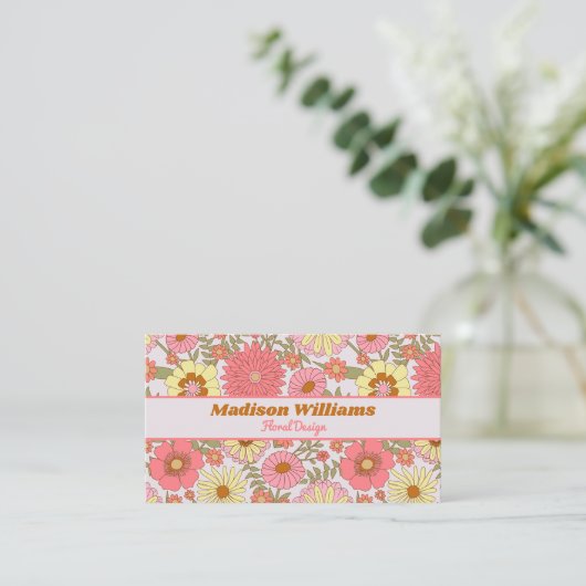 植物性モダンのピンクの花の花柄 名刺 (スタンド正面)