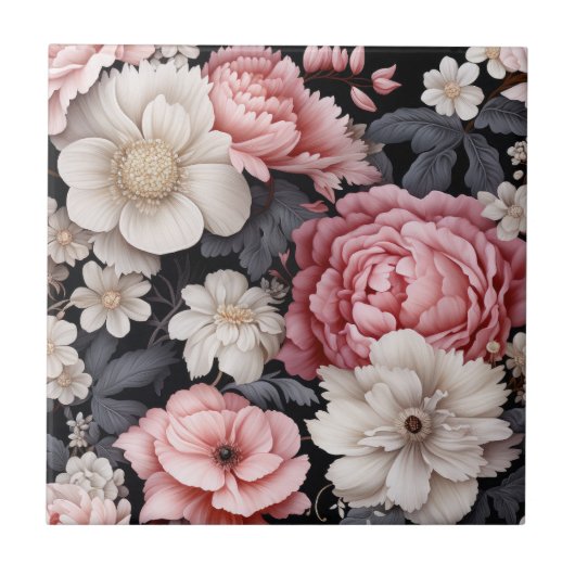 植物性モダンピンクフローラモノグラム タイル (正面)