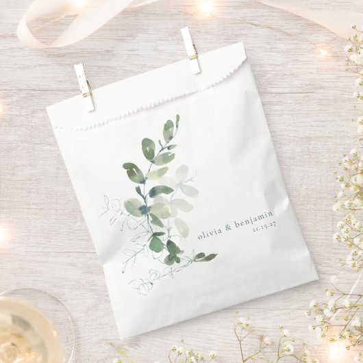 植物性モダンユーカリのカスタムウェディング名 フェイバーバッグ (クリップ留めされた状態)