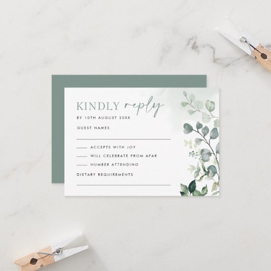 植物性モダンユーカリ植樹ウェディングRSVP カード (正面/裏面インサイチュ)
