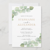 植物性モダンユーカリ緑の金ゴールド結婚ズ 招待状 (正面)