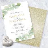 植物性モダンユーカリ緑の金ゴールド結婚ズ 招待状