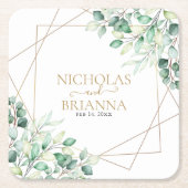 植物性モダン植樹ユーカリ金ゴールド結婚ズ スクエアペーパーコースター (正面)