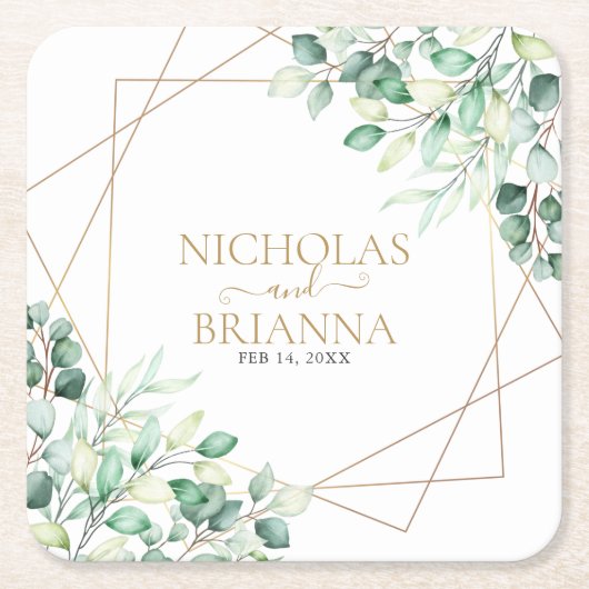 植物性モダン植樹ユーカリ金ゴールド結婚ズ スクエアペーパーコースター (正面)