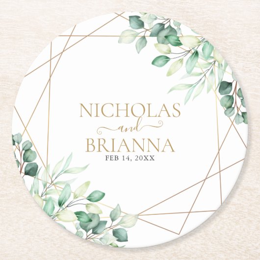 植物性モダン植樹ユーカリ金ゴールド結婚ズ ラウンドペーパーコースター (正面)