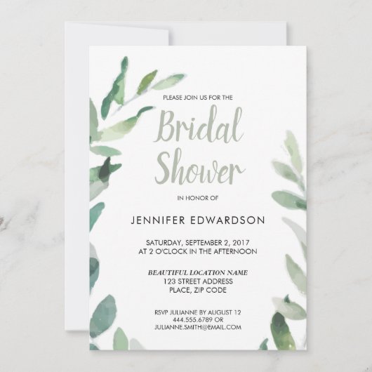 植物性モダン水色分岐ブライダルシャワー 招待状 (正面)