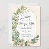 植物性モダン緑葉の金ゴールド結婚式の招待 招待状 (正面)
