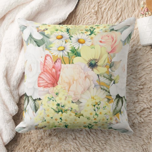 植物性モダン緑豊かな花柄ダークマスタード クッション (ブランケット)