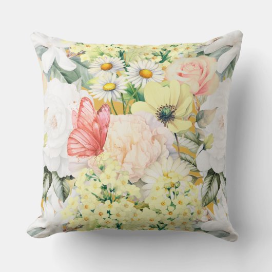 植物性モダン緑豊かな花柄ダークマスタード クッション (正面)