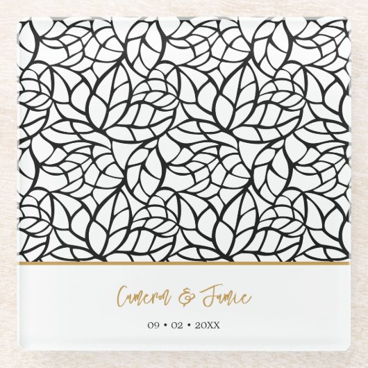 植物性モダン葉のパターン名の日付 ガラスコースター (正面)