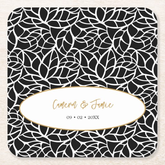 植物性モダン葉のパターン名の日付 スクエアペーパーコースター (正面)