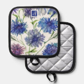 植物性モノグラムかわいらし紫の青いトウモロコシ花 鍋敷き (正面/裏面)