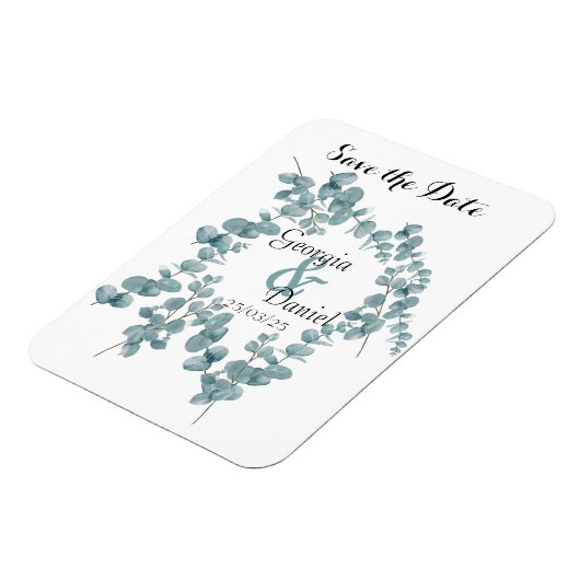 植物性ユーカリの結婚式の日付を保存 マグネット (左側)