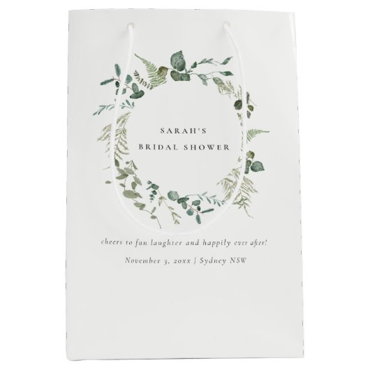 植物性ユーカリ水彩ブライダルシャワー ミディアムペーパーバッグ (正面)