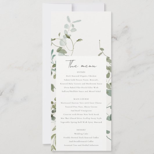 植物性ユーカリ水彩色結婚のメニューカード 招待状 (正面)