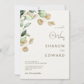 植物性ユーカリ緑結婚園&金ゴールドの写真 招待状 (正面)