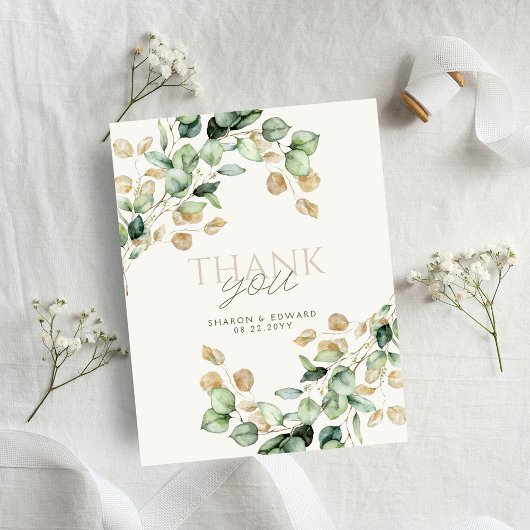 植物性ユーカリ緑&金ゴールド写真結婚ズ サンキューカード