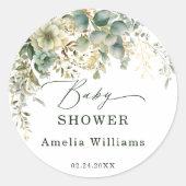 植物性ユーカリ花水色グリーン金ゴールド ラウンドシール (正面)