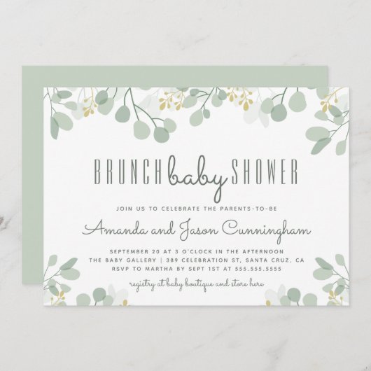植物性ユーカリ葉ベビーシャワーブランチ 招待状 (正面/裏面)