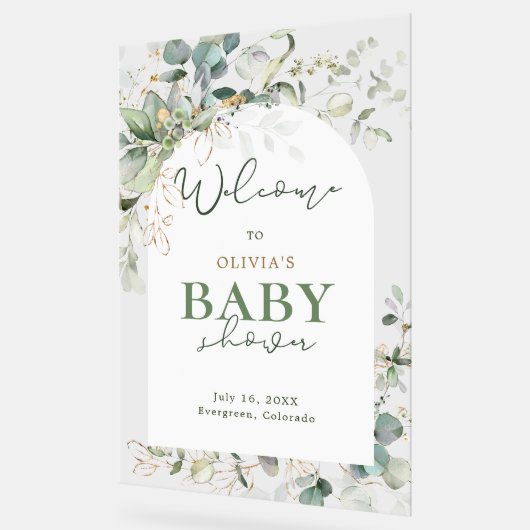 植物性ユーカリ赤ちゃんシャワーウェルカム アクリルサイン (傾斜)