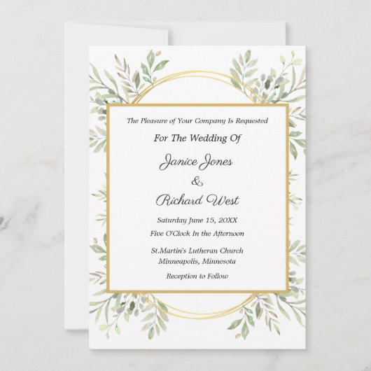 植物性ユーカリ金ゴールドフレーム結婚式招待状 招待状 (正面)