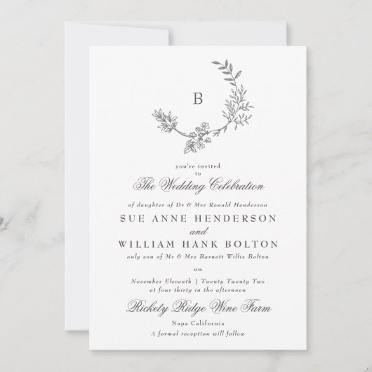 植物性リーススケッチアンティークモノグラム結婚ズ 招待状 (正面)