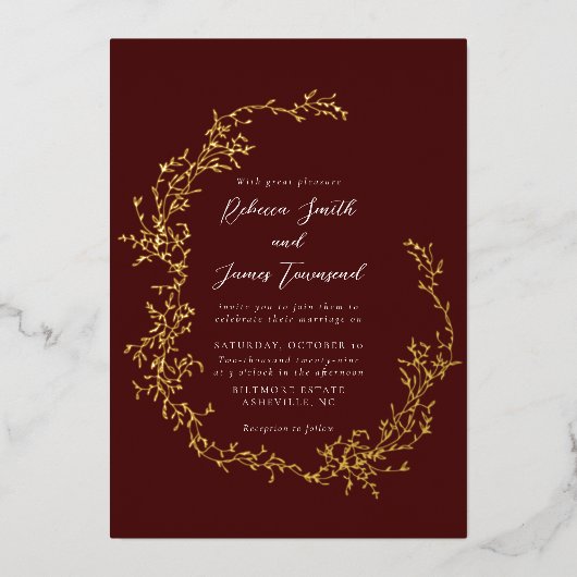 植物性リースファインアート絵画ズレッド結婚ズ 箔招待状 (正面)